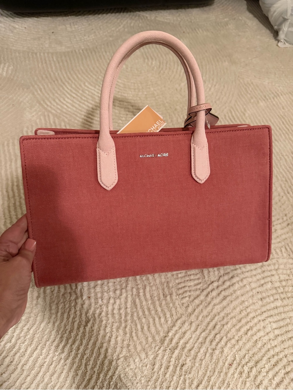 NWT Michael Kors Rose Canvas Satchel with Pale Pink Handles